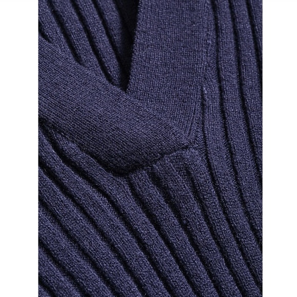 Navy Blue Rib Knit Polo Long Sleeve Sweater Shirt  V-Neck Stretchy - Picture 9 of 11